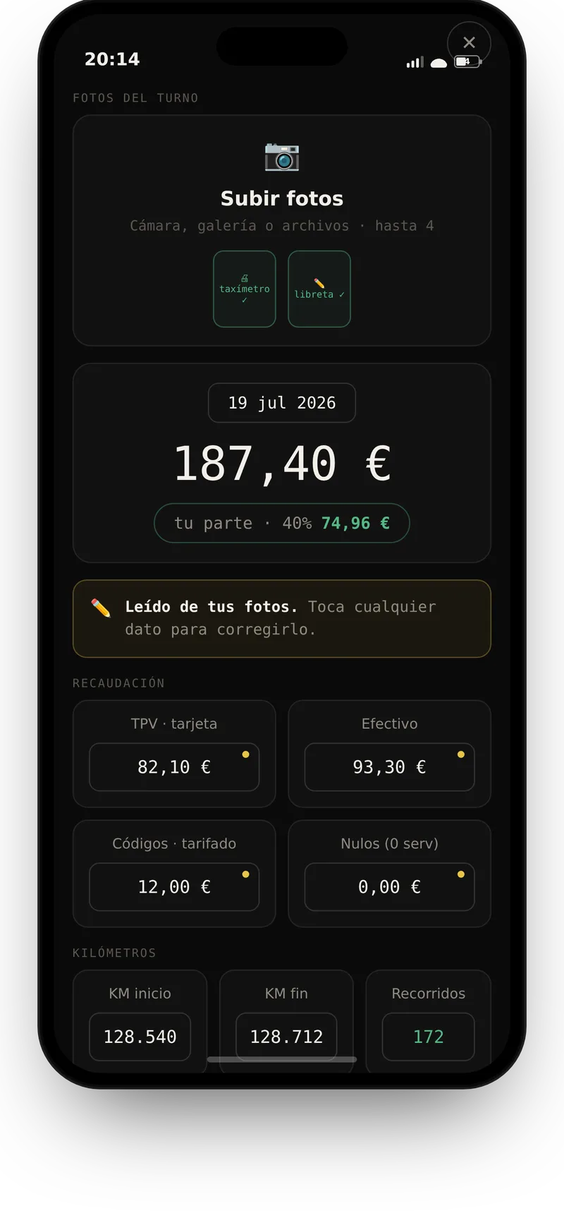 Registrar turno con foto del taxímetro