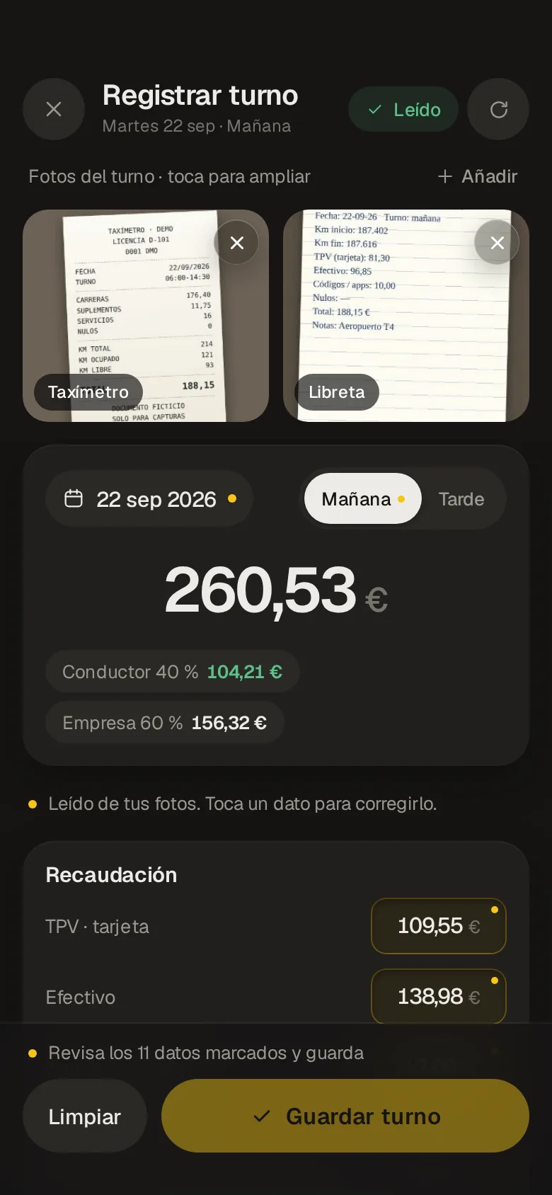 Registrar turno con los datos ya leídos: recaudación, tarjeta, efectivo y la parte del conductor